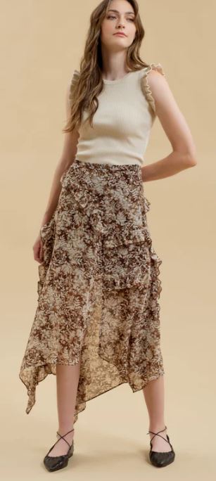 Blu Pepper Brown Floral Ruffled Split Thigh Handkerchief Midi Skirt B4FS1004