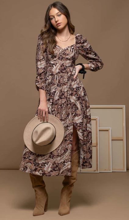 Blu Pepper Brown Multi Women's Sweetheart Neckline Floral Midi Dress With Slit CR1848