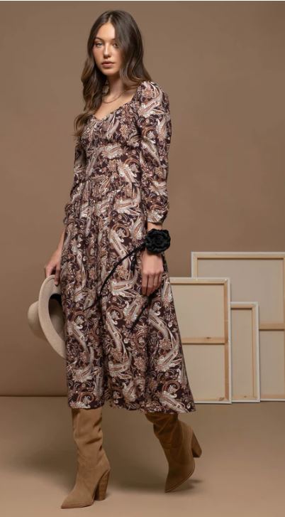 Blu Pepper Brown Multi Women's Sweetheart Neckline Floral Midi Dress With Slit CR1848