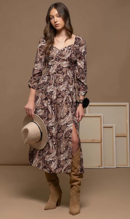 Blu Pepper Brown Multi Women's Sweetheart Neckline Floral Midi Dress with Slit CR1848