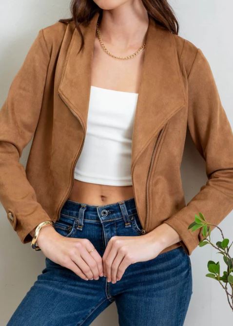 Blu Pepper Camel Faux Suede Zip Up Moto Jacket CR2311