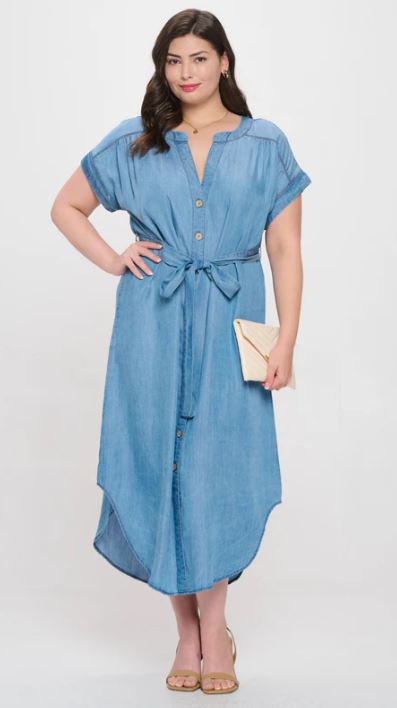 Blu Pepper Chambray Button Down Curvy Size Belted Midi Dress PCR2362