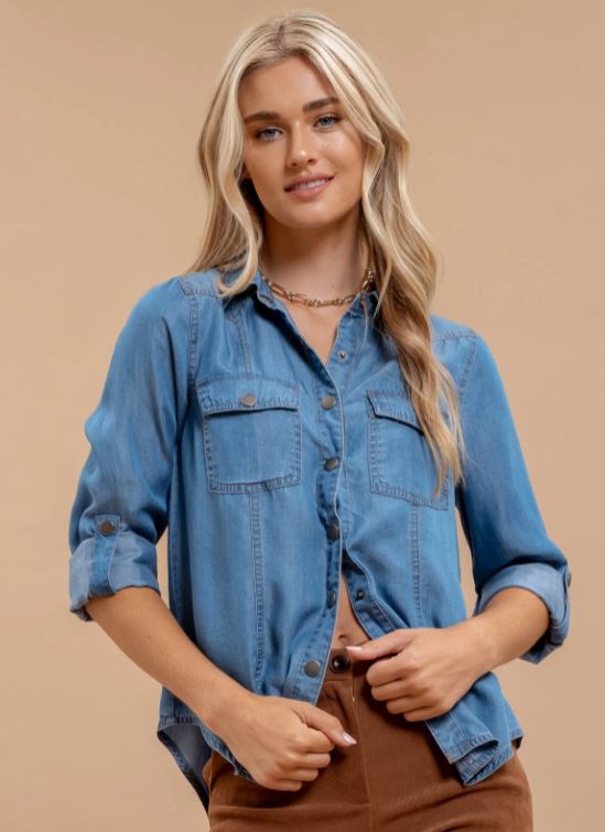 Blu Pepper Chambray Collared 3/4 Tab Sleeve Button Down Shirt CR2394