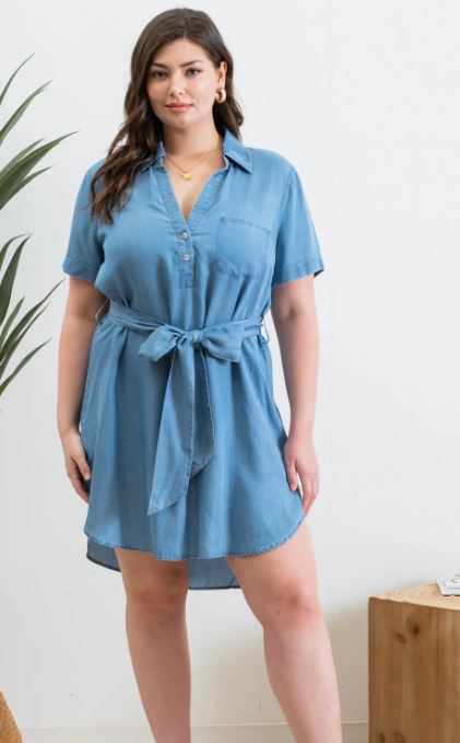 Blu Pepper Chambray Mini Shirt Dress In Curvy Sizes PCR2235