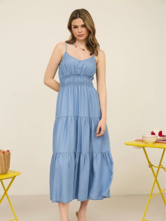 Blu Pepper Chambray Sleeveless Tiered Women's Midi Dress B5SD1032