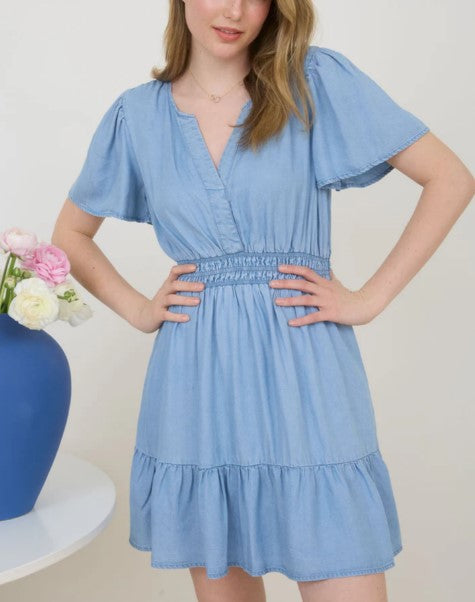 Blu Pepper Chambray Split Neck Flounce Mini Dress CR2224
