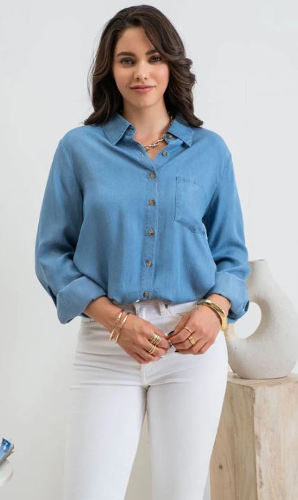 Blu Pepper Chambray Tab Sleeve Collared Button Down Chambray Top CR1910