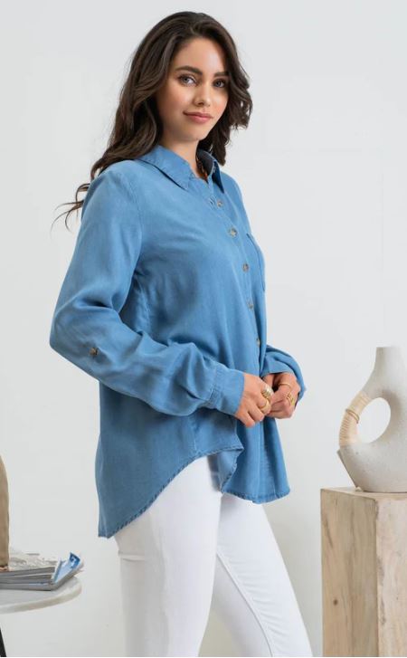 Blu Pepper Chambray Tab Sleeve Collared Button Down Chambray Top CR1910