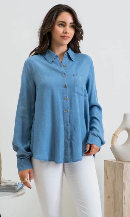 Blu Pepper Chambray Tab Sleeve Collared Button Down Chambray Top CR1910