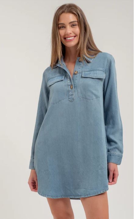 Blu Pepper Chambray Womem's Collared Longsleeve Mini Shirt Dress B4FD1013