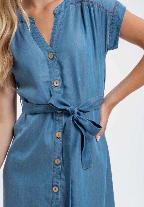 Blu Pepper Chambray Women's Button Down Belted Midi Dress with Split Neckline CR2362