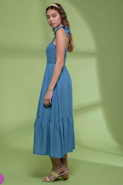 Blu Pepper Chambray Women's Smocked Midi Dress SD025123-C