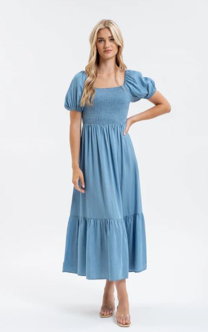 Blu Pepper Chambray Women's Smocked Puff Sleeve Midi Dress B4FD1015