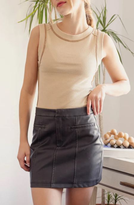 Blu Pepper Dark Brown Washed Faux Leather Women's Mini Skirt B4FS1002