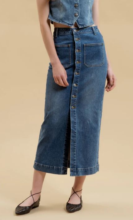 Blu Pepper Denim Button Down Denim Midi Skirt B4SS1010
