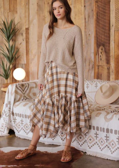 Blu Pepper Khaki Multi Plaud Ruffle Handkerchief Hem Women's Midi Skirt B4FS1007-KHAKI