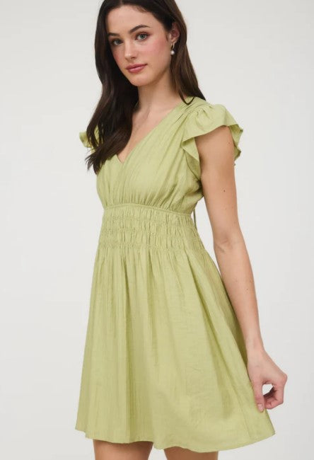 Blu Pepper Kiwi V Neck Shirred Waist Ruffle Sleeve Mini Dress CR2526