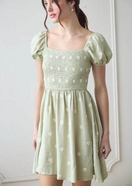 Blu Pepper Light Sage Daisy Embroidery Smocked Puff Sleeve Mini Dress CR2496