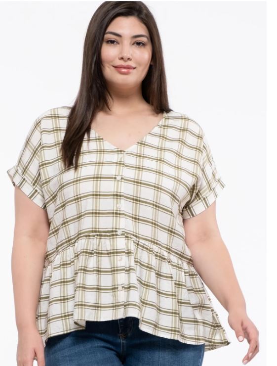 Blu Pepper Olive Grid Button Up Short Sleeve Top In Curvy Sizes PB1ST1199