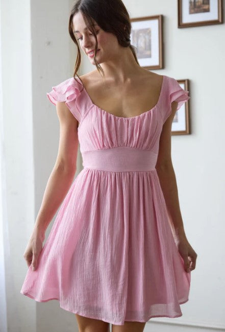 Blu Pepper Pink Ruffle Sleeve Back Tie Solid Mini Dress CR2457