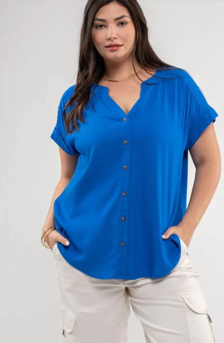 Blu Pepper Royal Blue Women's Plus Size Roll Short Sleeve Button Down Shirt PCR20207-ROYALBL