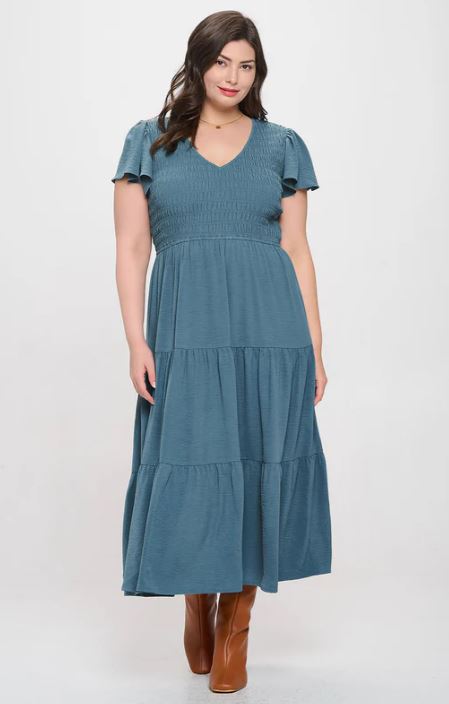 Blu Pepper Teal Flutter Sleeve Curvy Size Midi Dress PCR2179