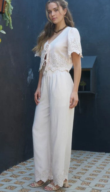 Blu Pepper White Eyelet Trim Front Tie Blouse and Wide Pant Set B5SX1011