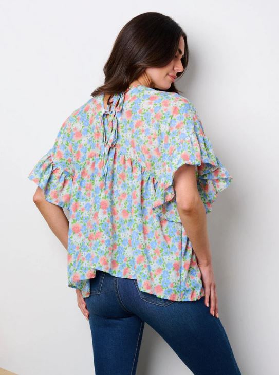 Blue Floral Short Sleeve V-Neck Women's Lace Up Back Floral Tunic Blouse KE2085-BF