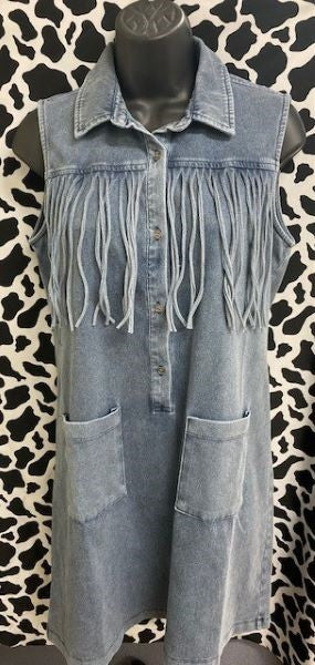 Blue Women's Denim Sleeveless Dress With Fringe in Curvy Sizes 194235B-P