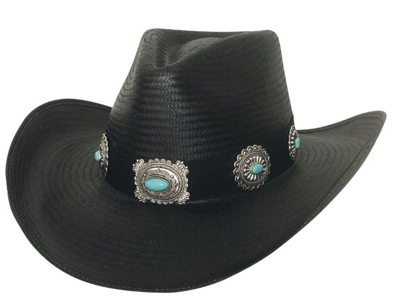 Bullhide Black A Night to Shine Western Hat with Turq/Silver Conchos on Hatband 2968