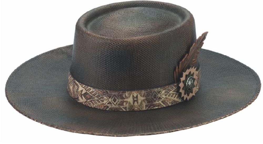 Bullhide Hats Distressed Chocolate with Leather Feather Unusual Mens Hat 5070