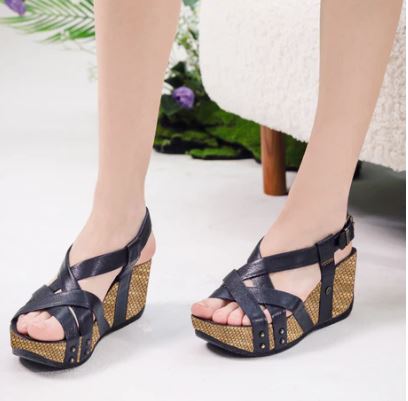 Bussola Nero Formentera Felipa Women's Cross Straps Wedge Sandals FELIPA-NERO