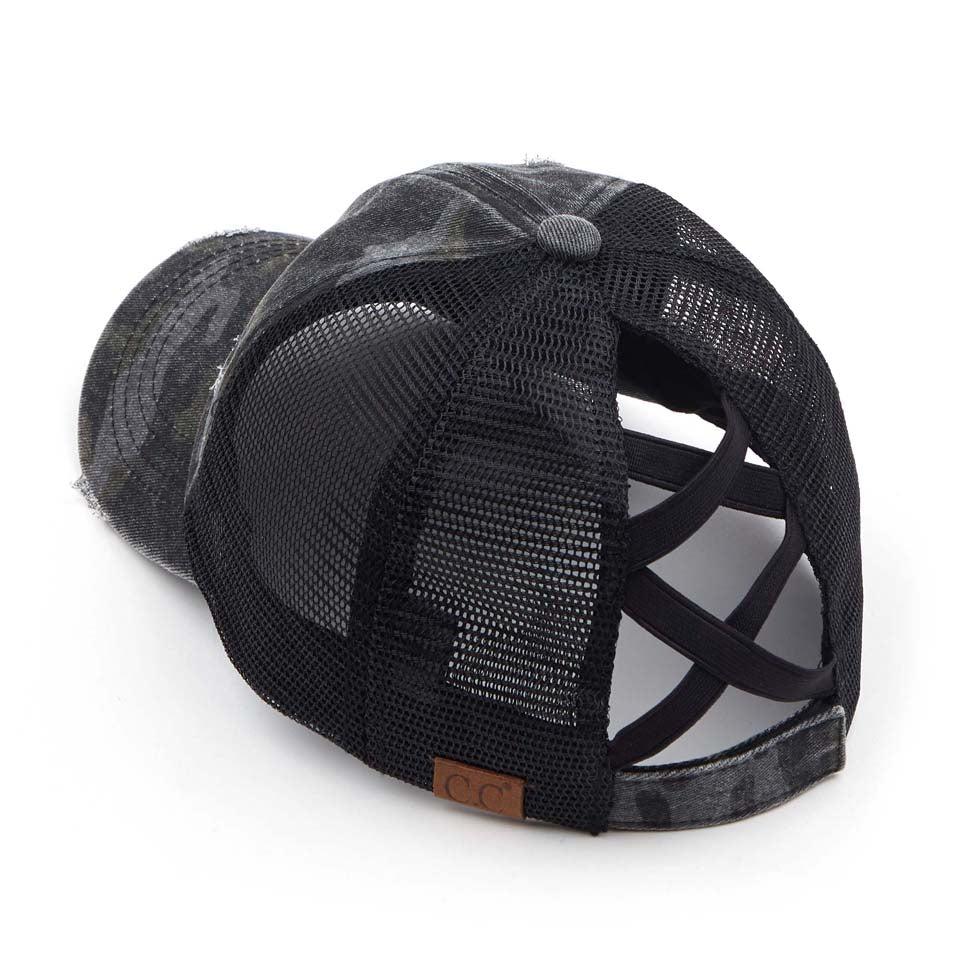 C. C. Cheveux Black Distressed Camo High Ponytail Cross Back Cap BT-783