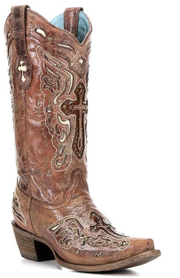 C2853 Cognac/Bone Inlay Cross & Studs Womens Western Cowboy Boots