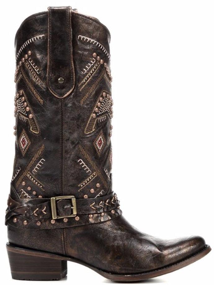 C2932 Copper/Red Studded Harness Corral Womens Western Cowboy Boots