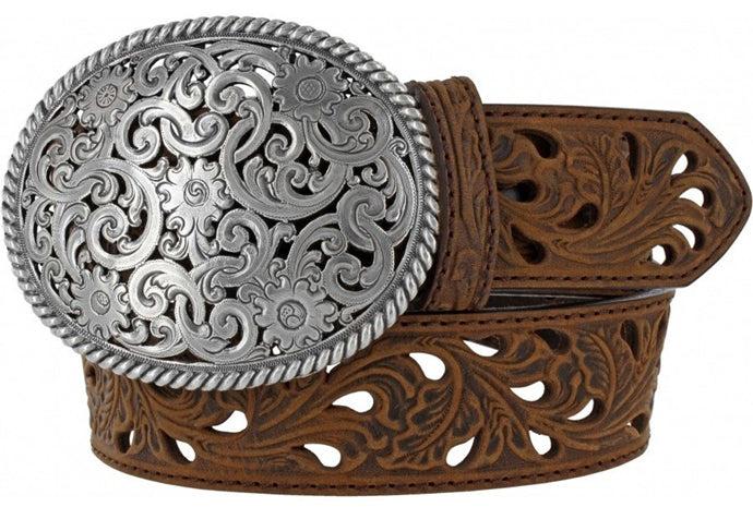 C50029 Aged Bark Pierced Filigree Trophy Tony Lama Womens Belt