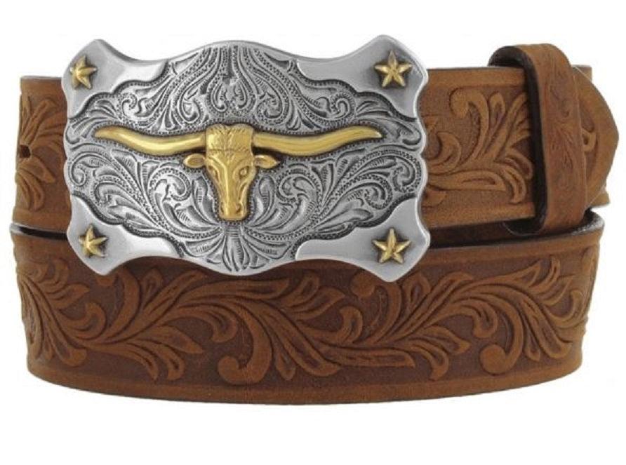 C60119 Aged Bark Tooled Leather Little Texas Tony Lama Children's Belts