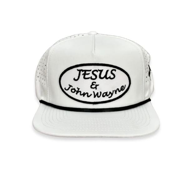 Cactus Alley White Jesus and John Wayne Hat with Laser Holes and Black Rope JESUS N JW WHT