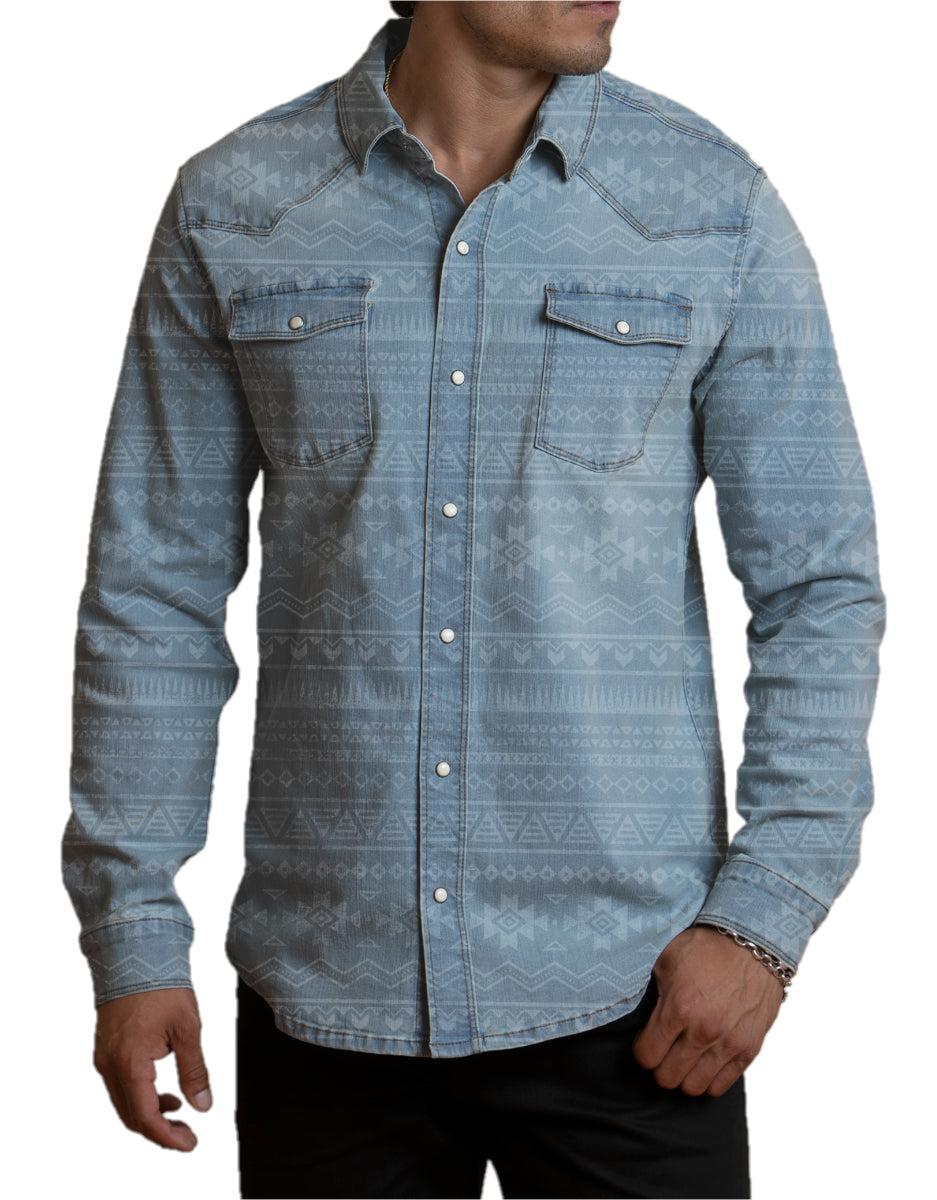 Canyon of Heroes Light Denim Aztec Print Men's Collared Longsleeve Snap Shirt WS23030-AZTEC
