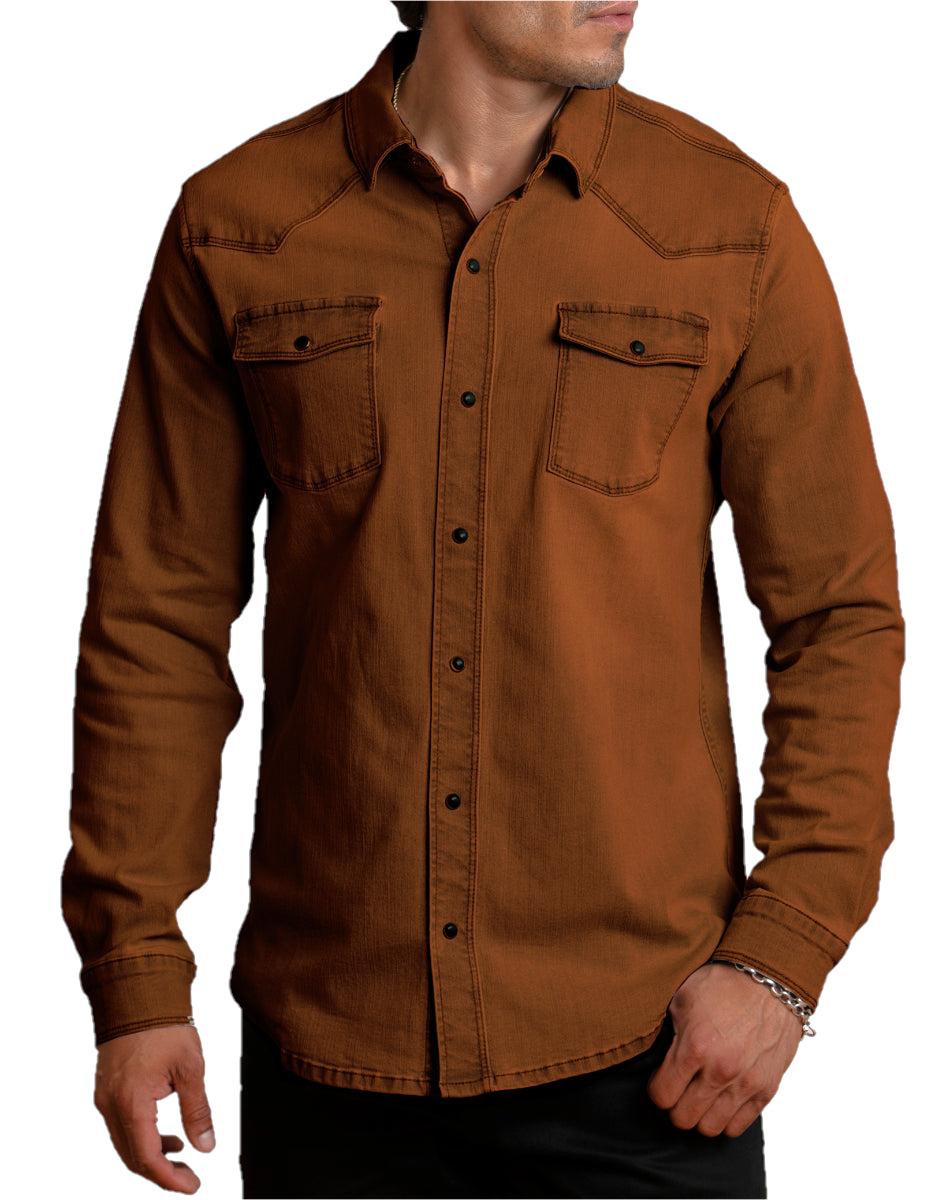 Canyon of Heroes Rust Men's Collared Longsleeve Stretch Denim Snap Shirt WS3102-RU