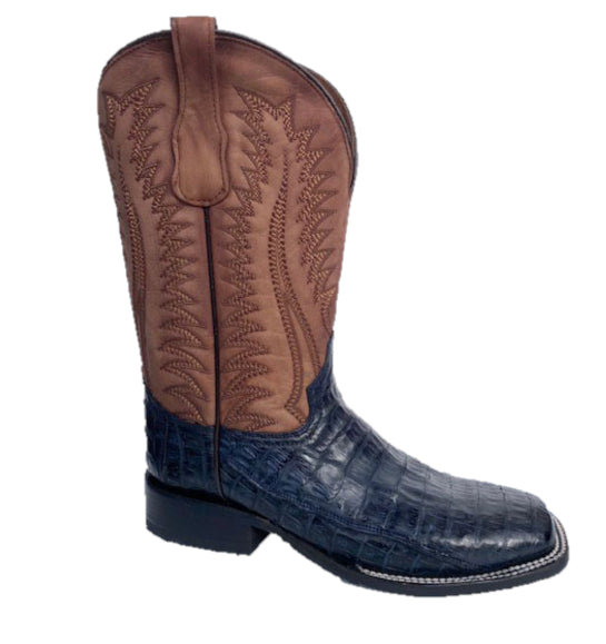 Circle G by Corral Navy Blue/Moka Men's 12 inch Caiman Embroidery Wide Square Toe Men's Gator Western Boots L6053