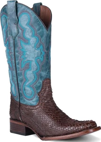 Circle G Chocolate/Blue Women's Python Embroidery Square Toe Boots L6047