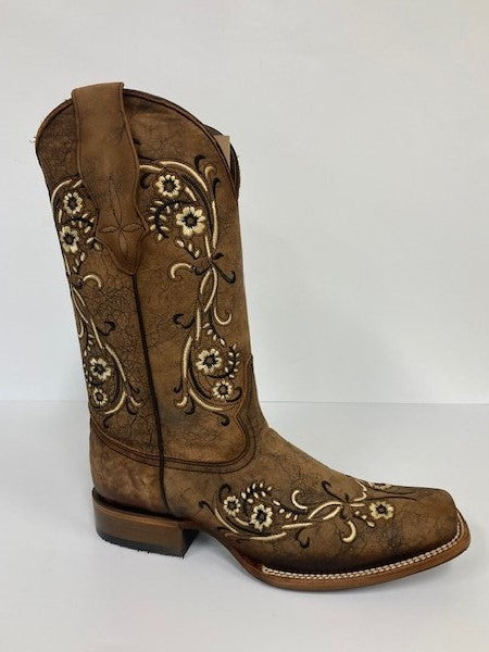 Circle G Sand Brown Square Toe Women's Leather Boots with Embroidery L2063