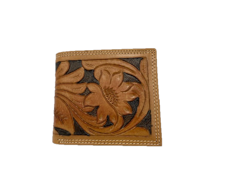 Classic Look Tan/Black Floral Tooled Bi-Fold Wallet 5001-TAN