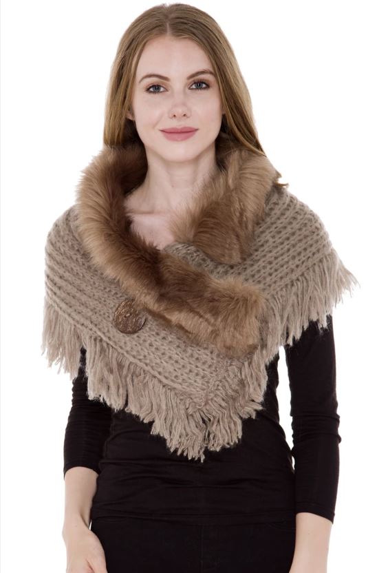 Comfy Luxe Khaki Ladies Shawl Scarf with Faux Fur Collar JS1270-KH