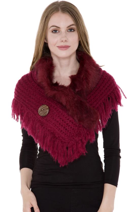 Comfy Luxe Wine Ladies Shawl Scarf with Faux Fur Collar JS1270-WINE