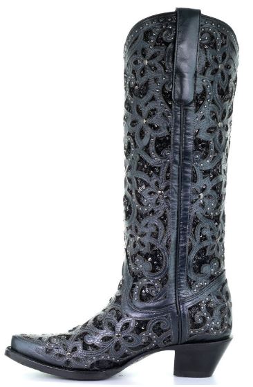 Corral Black Full Floral Inlay Snip Toe Womens Boots A3589