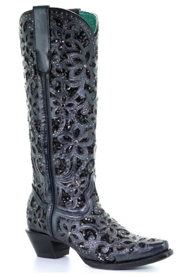 Corral Black Full Floral Inlay Snip Toe Womens Boots A3589