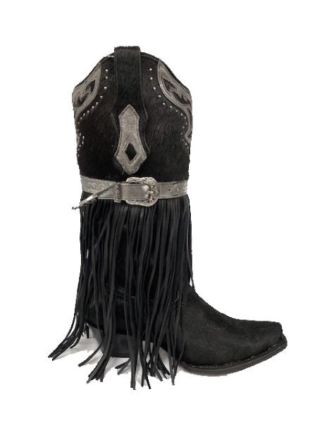 Corral Black Fur with Harness and Studs with Lamb Fringes Women's Snip Toe Western Boots C4082