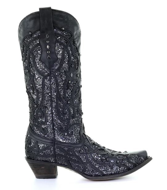 Corral Black Glitter Inlay And Studs Snip Toe Womens Boots C3423